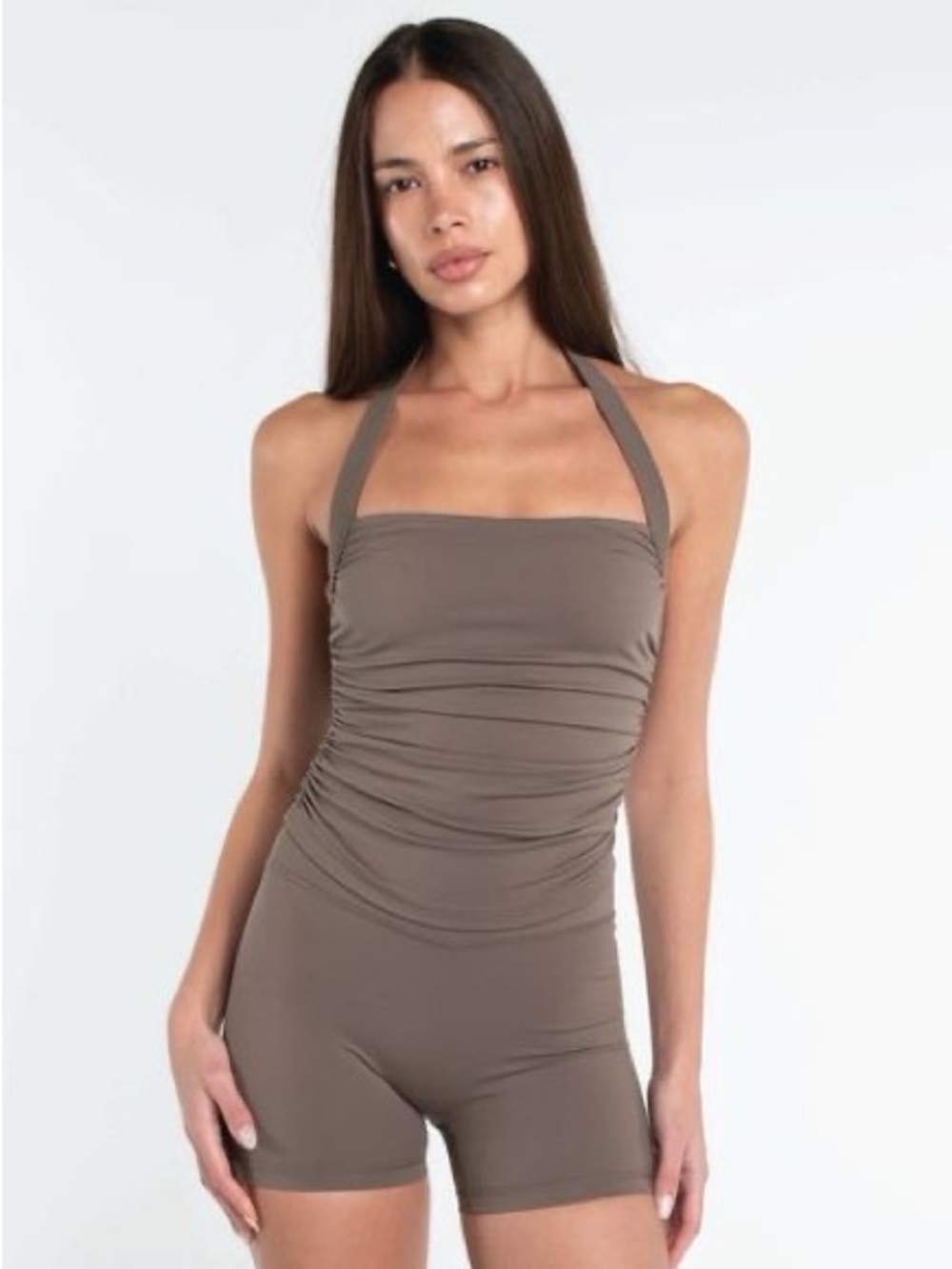 FORM Halter Scrunch Tank in Walnut Taupe Brown Tan Cocoa Backless Crop Pilates